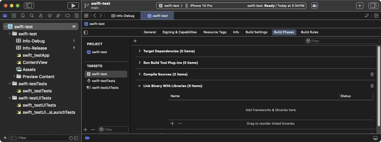 Expand the **Link Binary With Libraries** build phase in Xcode