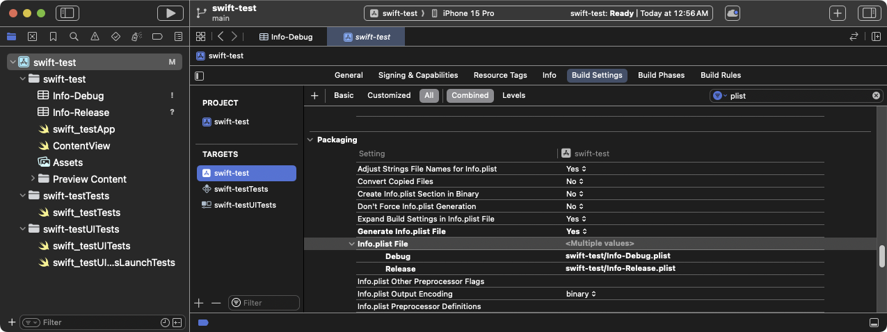 The updated **Info.plist File** build setting displaying the configuration variations