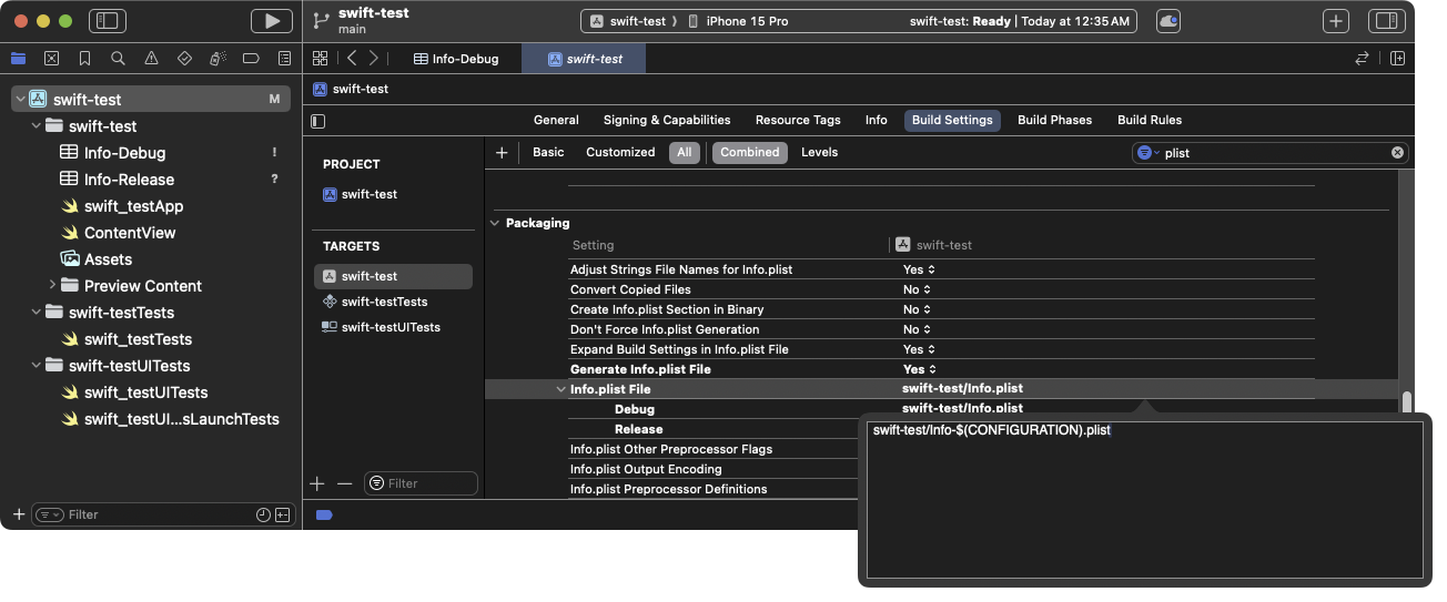 Updating the `Info.plist` build setting to use build mode-specific property lists